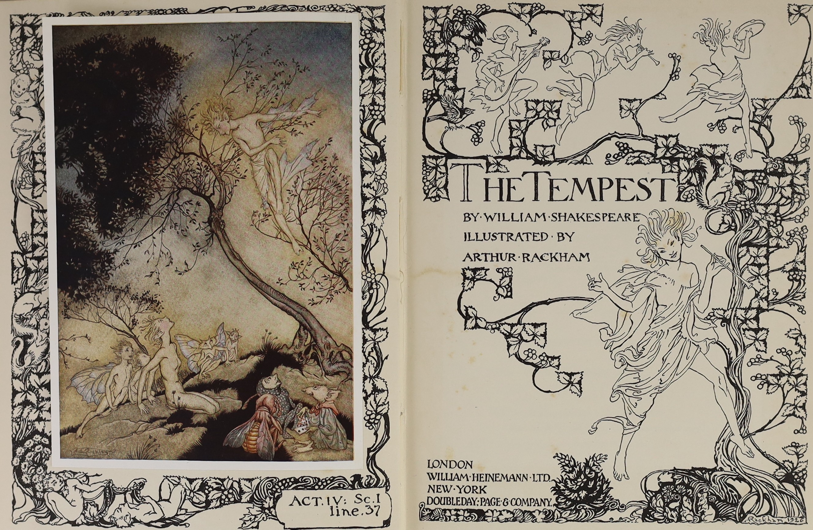 Shakespeare, William - The Tempest. pictorial title, 20 coloured plates (mounted) and some text decorations (by Arthur Rackham). 1st trade edition. original gilt-pictorial cloth. 1926